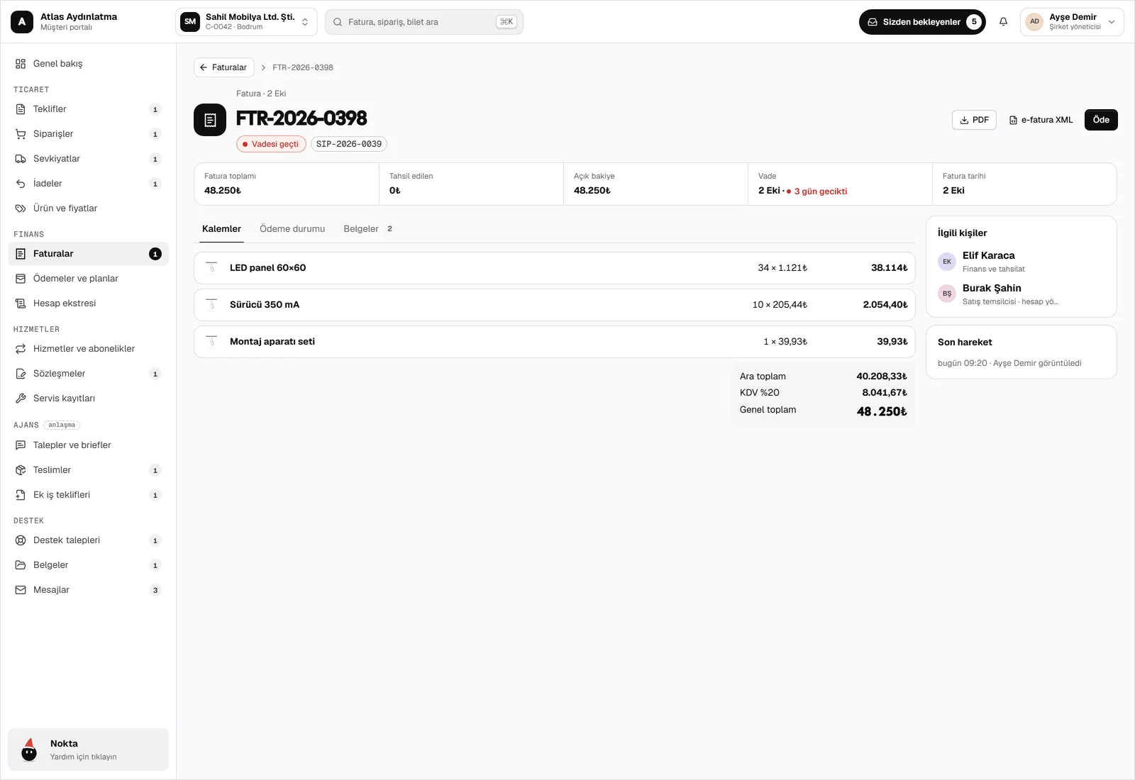 Faturalar, ödemeler ve hesap ekstreleri