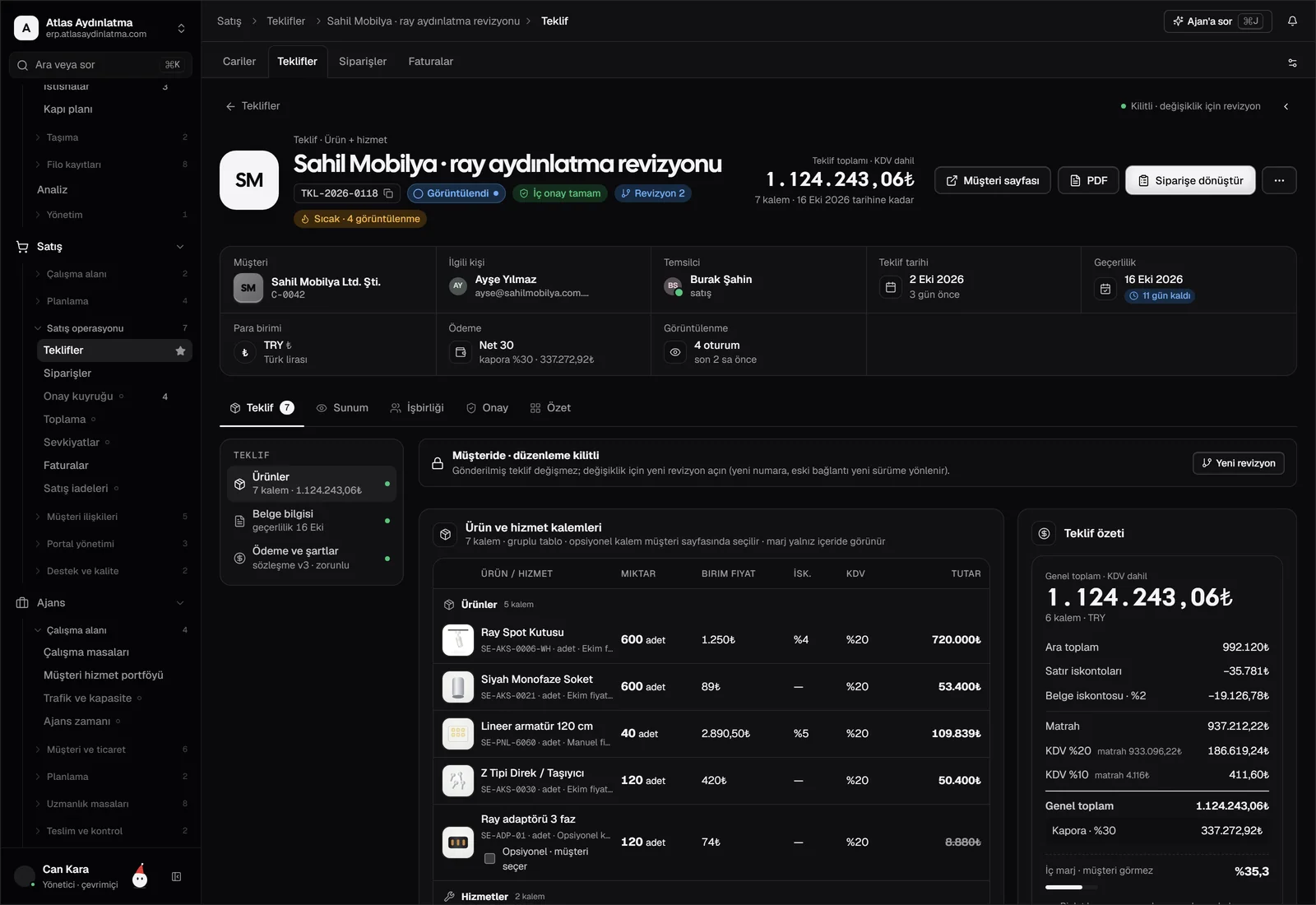 Müşterinin online onaylayabildiği teklifler