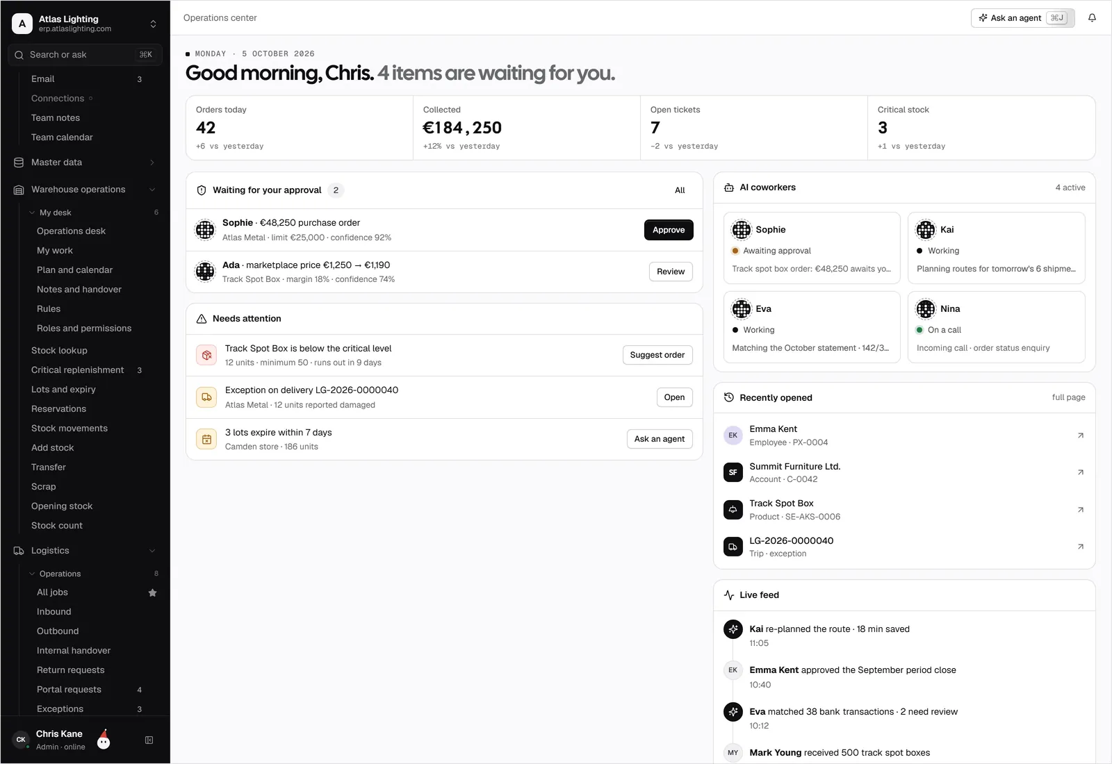 Dika Ops operations center: approvals, AI coworkers, and live feed