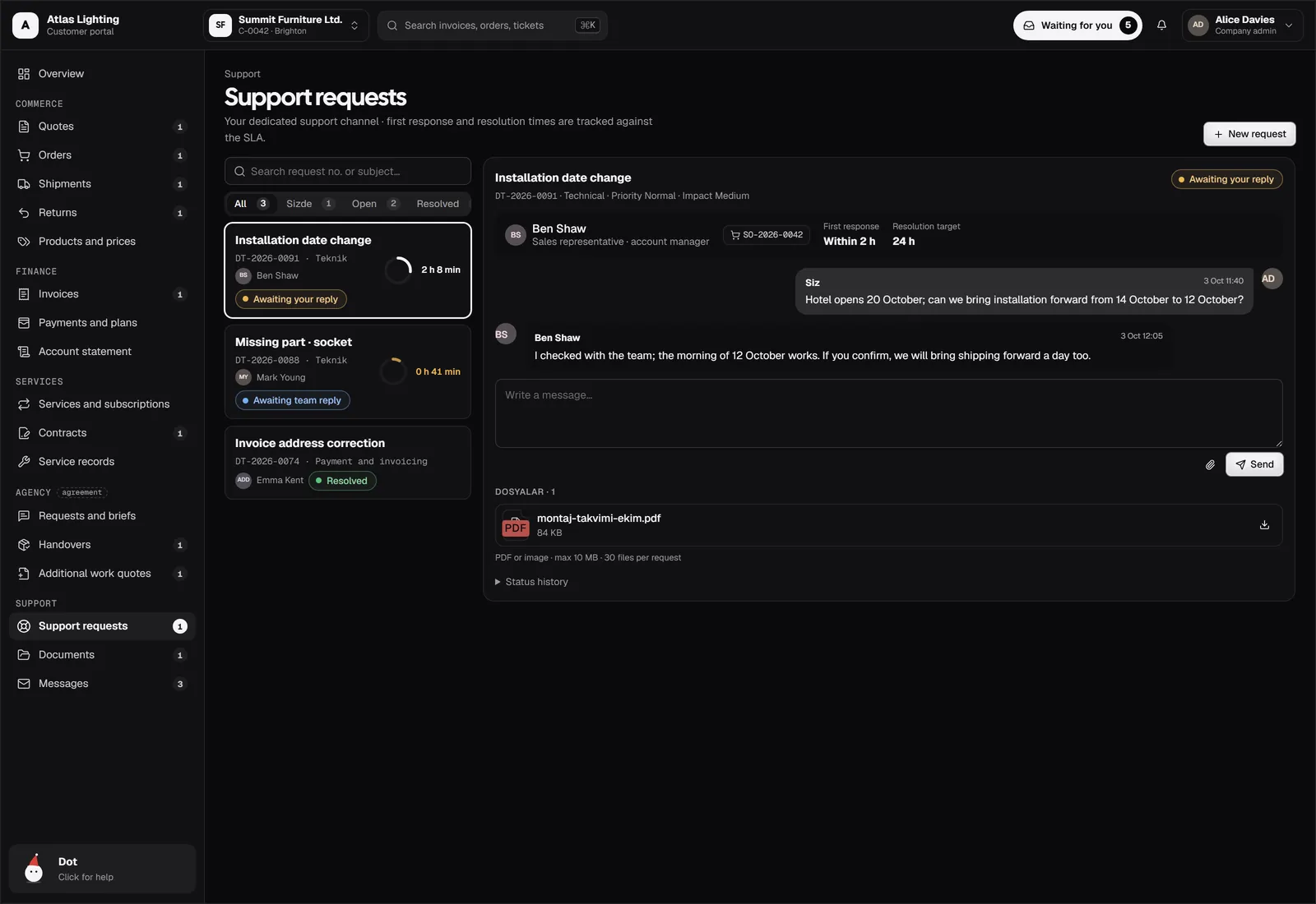 Suporte, documentos e mensagens