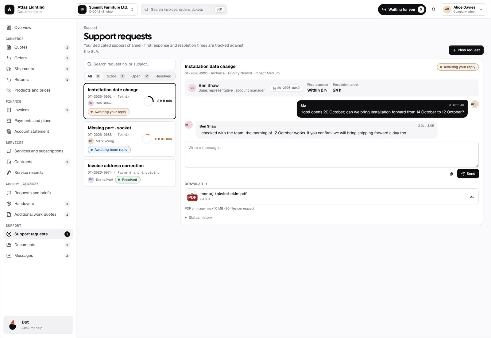 Suporte, documentos e mensagens